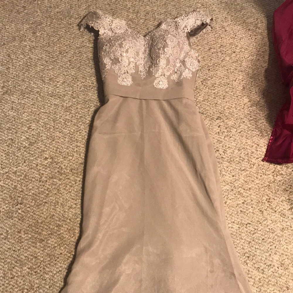 Long grey lace prom dress with train